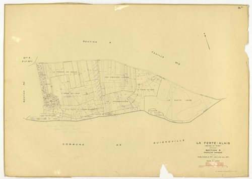 Plans minutes de conservation : FERTE-ALAIS (LA) : tableau d'assemblage, ech. 1/5000 (1957), sections A1, A2, B2, AC, ech. 1/2500, sections B1, ech. 1/1000, section C, ech. 1/1250 (1957) ; sections AB, AC, ech. 1/1000 (1957-1978) ; section ZC, ech. 1/1250