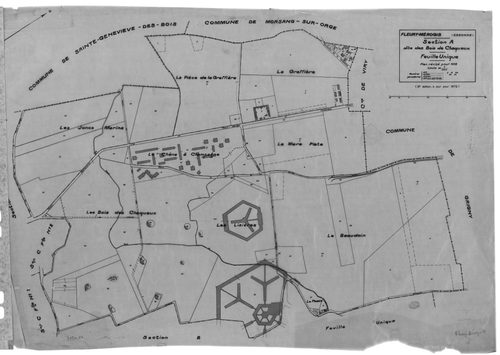 FLEURY-MEROGIS.- Cadastre révisé pour 1933 : plan du tableau d'assemblage , plans de la section A les Bois de Chaqueux, section C le Village 1ère feuille, idem 2ème feuille ; cadastre révisé pour 1933 mis à jour pour 1972 : plan de la section A les Bois d
