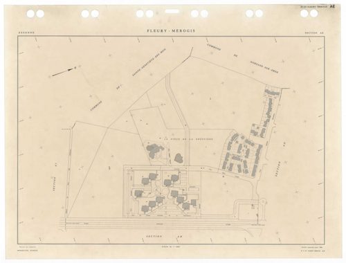 FLEURY-MEROGIS, plans minutes de conservation : tableau d'assemblage,1933, Ech. 1/5000 ; plans des sections Bu, 1933, Ech. 1/2500, sections AA, AN, 1988, Ech. 1/2000, sections AB, AC, AD, AE, AH, AI, AK, AL, AM, 1988, Ech. 1/1000. Polyester. N et B. Dim. 