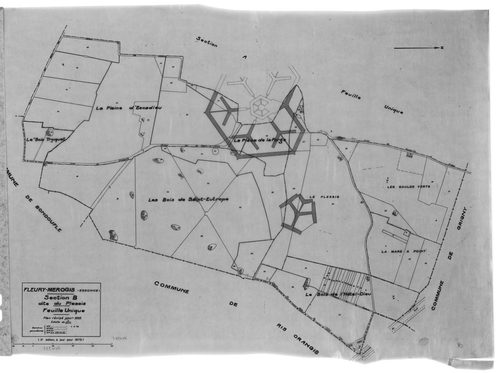 FLEURY-MEROGIS.- Cadastre révisé pour 1933 : plan du tableau d'assemblage , plans de la section A les Bois de Chaqueux, section C le Village 1ère feuille, idem 2ème feuille ; cadastre révisé pour 1933 mis à jour pour 1972 : plan de la section A les Bois d