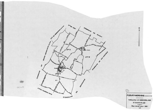 FLEURY-MEROGIS.- Cadastre révisé pour 1933 : plan du tableau d'assemblage , plans de la section A les Bois de Chaqueux, section C le Village 1ère feuille, idem 2ème feuille ; cadastre révisé pour 1933 mis à jour pour 1972 : plan de la section A les Bois d