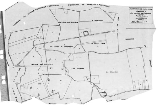 FLEURY-MEROGIS.- Cadastre révisé pour 1933 : plan du tableau d'assemblage , plans de la section A les Bois de Chaqueux, section C le Village 1ère feuille, idem 2ème feuille ; cadastre révisé pour 1933 mis à jour pour 1972 : plan de la section A les Bois d