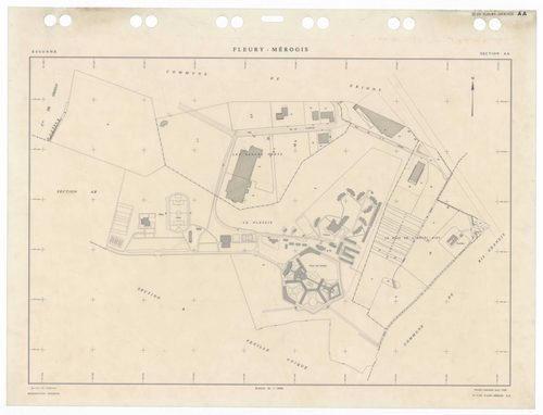 FLEURY-MEROGIS, plans minutes de conservation : tableau d'assemblage,1933, Ech. 1/5000 ; plans des sections Bu, 1933, Ech. 1/2500, sections AA, AN, 1988, Ech. 1/2000, sections AB, AC, AD, AE, AH, AI, AK, AL, AM, 1988, Ech. 1/1000. Polyester. N et B. Dim. 