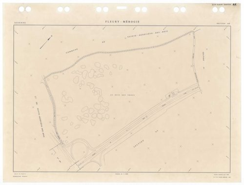 FLEURY-MEROGIS, plans minutes de conservation : tableau d'assemblage,1933, Ech. 1/5000 ; plans des sections Bu, 1933, Ech. 1/2500, sections AA, AN, 1988, Ech. 1/2000, sections AB, AC, AD, AE, AH, AI, AK, AL, AM, 1988, Ech. 1/1000. Polyester. N et B. Dim. 