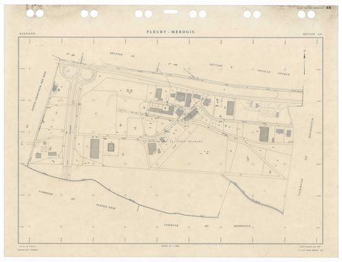 FLEURY-MEROGIS, plans minutes de conservation : tableau d'assemblage,1933, Ech. 1/5000 ; plans des sections Bu, 1933, Ech. 1/2500, sections AA, AN, 1988, Ech. 1/2000, sections AB, AC, AD, AE, AH, AI, AK, AL, AM, 1988, Ech. 1/1000. Polyester. N et B. Dim. 