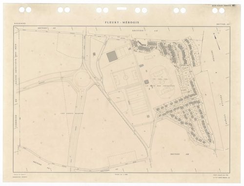 FLEURY-MEROGIS, plans minutes de conservation : tableau d'assemblage,1933, Ech. 1/5000 ; plans des sections Bu, 1933, Ech. 1/2500, sections AA, AN, 1988, Ech. 1/2000, sections AB, AC, AD, AE, AH, AI, AK, AL, AM, 1988, Ech. 1/1000. Polyester. N et B. Dim. 