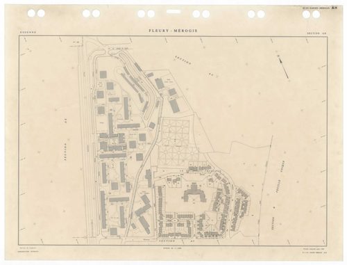 FLEURY-MEROGIS, plans minutes de conservation : tableau d'assemblage,1933, Ech. 1/5000 ; plans des sections Bu, 1933, Ech. 1/2500, sections AA, AN, 1988, Ech. 1/2000, sections AB, AC, AD, AE, AH, AI, AK, AL, AM, 1988, Ech. 1/1000. Polyester. N et B. Dim. 