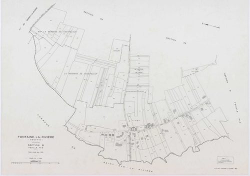 FONTAINE-LA-RIVIERE, plans minutes de conservation : tableau d'assemblage, 1933, Ech. 1/10000 ; plans des sections B1, B3, B4, 1933, Ech. 1/1250, sections ZA, ZB, ZC, ZD, 1955, Ech. 1/2000, section ZE, 1986, Ech. 1/2000. Polyester. N et B. Dim. 105 x 80 c