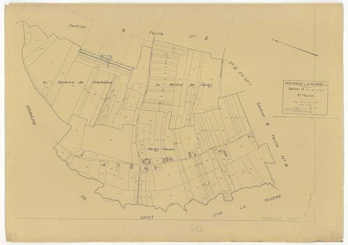Plans minutes de conservation : FONTAINE-LA-RIVIERE : tableau d'assemblage n°1, ech. 1/10000 (1933), section A, ech. 1/2500, sections B1, B2, B3, B4, ech. 1/1250 (1933) ; tableau d'assemblage n°2, ech. 1/10000 (1933-1955) ; sections B1, B3, B4, ech. 1/125