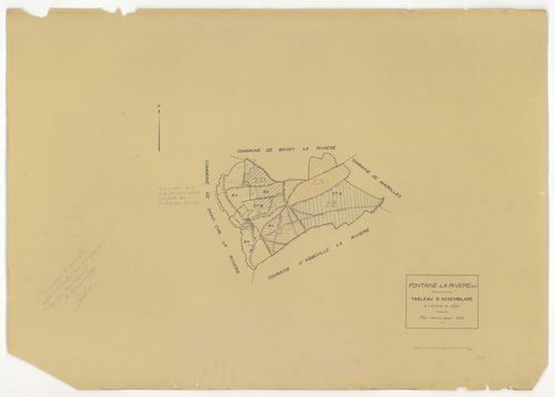 Plans minutes de conservation : FONTAINE-LA-RIVIERE : tableau d'assemblage n°1, ech. 1/10000 (1933), section A, ech. 1/2500, sections B1, B2, B3, B4, ech. 1/1250 (1933) ; tableau d'assemblage n°2, ech. 1/10000 (1933-1955) ; sections B1, B3, B4, ech. 1/125
