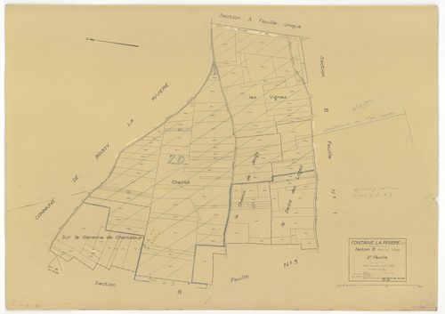 Plans minutes de conservation : FONTAINE-LA-RIVIERE : tableau d'assemblage n°1, ech. 1/10000 (1933), section A, ech. 1/2500, sections B1, B2, B3, B4, ech. 1/1250 (1933) ; tableau d'assemblage n°2, ech. 1/10000 (1933-1955) ; sections B1, B3, B4, ech. 1/125