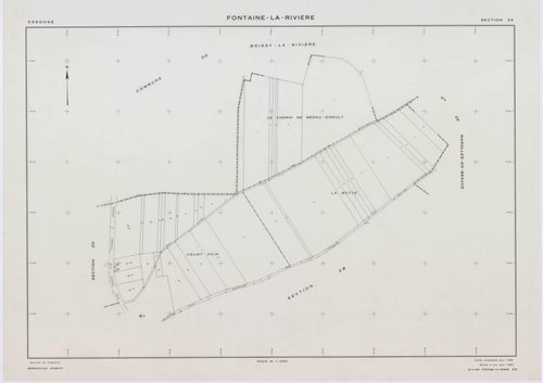 FONTAINE-LA-RIVIERE, plans minutes de conservation : tableau d'assemblage, 1933, Ech. 1/10000 ; plans des sections B1, B3, B4, 1933, Ech. 1/1250, sections ZA, ZB, ZC, ZD, 1955, Ech. 1/2000, section ZE, 1986, Ech. 1/2000. Polyester. N et B. Dim. 105 x 80 c