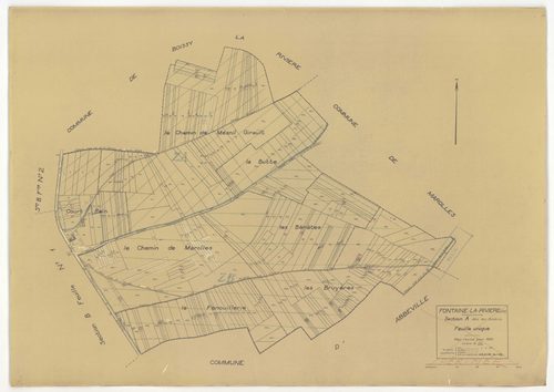 Plans minutes de conservation : FONTAINE-LA-RIVIERE : tableau d'assemblage n°1, ech. 1/10000 (1933), section A, ech. 1/2500, sections B1, B2, B3, B4, ech. 1/1250 (1933) ; tableau d'assemblage n°2, ech. 1/10000 (1933-1955) ; sections B1, B3, B4, ech. 1/125