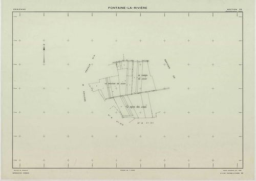 FONTAINE-LA-RIVIERE, plans minutes de conservation : tableau d'assemblage, 1933, Ech. 1/10000 ; plans des sections B1, B3, B4, 1933, Ech. 1/1250, sections ZA, ZB, ZC, ZD, 1955, Ech. 1/2000, section ZE, 1986, Ech. 1/2000. Polyester. N et B. Dim. 105 x 80 c