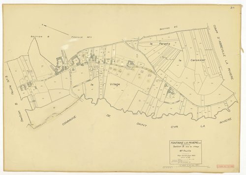 Plans minutes de conservation : FONTAINE-LA-RIVIERE : tableau d'assemblage n°1, ech. 1/10000 (1933), section A, ech. 1/2500, sections B1, B2, B3, B4, ech. 1/1250 (1933) ; tableau d'assemblage n°2, ech. 1/10000 (1933-1955) ; sections B1, B3, B4, ech. 1/125