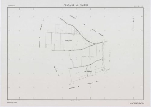 FONTAINE-LA-RIVIERE, plans minutes de conservation : tableau d'assemblage, 1933, Ech. 1/10000 ; plans des sections B1, B3, B4, 1933, Ech. 1/1250, sections ZA, ZB, ZC, ZD, 1955, Ech. 1/2000, section ZE, 1986, Ech. 1/2000. Polyester. N et B. Dim. 105 x 80 c