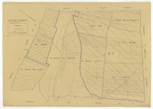 Plans minutes de conservation : FONTAINE-LA-RIVIERE : tableau d'assemblage n°1, ech. 1/10000 (1933), section A, ech. 1/2500, sections B1, B2, B3, B4, ech. 1/1250 (1933) ; tableau d'assemblage n°2, ech. 1/10000 (1933-1955) ; sections B1, B3, B4, ech. 1/125