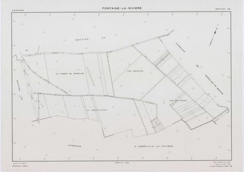 FONTAINE-LA-RIVIERE, plans minutes de conservation : tableau d'assemblage, 1933, Ech. 1/10000 ; plans des sections B1, B3, B4, 1933, Ech. 1/1250, sections ZA, ZB, ZC, ZD, 1955, Ech. 1/2000, section ZE, 1986, Ech. 1/2000. Polyester. N et B. Dim. 105 x 80 c