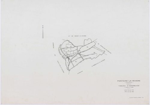 FONTAINE-LA-RIVIERE, plans minutes de conservation : tableau d'assemblage, 1933, Ech. 1/10000 ; plans des sections B1, B3, B4, 1933, Ech. 1/1250, sections ZA, ZB, ZC, ZD, 1955, Ech. 1/2000, section ZE, 1986, Ech. 1/2000. Polyester. N et B. Dim. 105 x 80 c