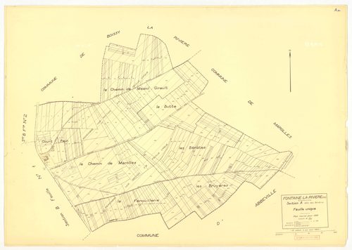 Plans minutes de conservation : FONTAINE-LA-RIVIERE : tableau d'assemblage n°1, ech. 1/10000 (1933), section A, ech. 1/2500, sections B1, B2, B3, B4, ech. 1/1250 (1933) ; tableau d'assemblage n°2, ech. 1/10000 (1933-1955) ; sections B1, B3, B4, ech. 1/125