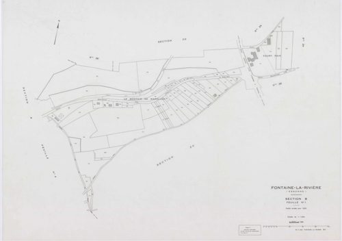 FONTAINE-LA-RIVIERE, plans minutes de conservation : tableau d'assemblage, 1933, Ech. 1/10000 ; plans des sections B1, B3, B4, 1933, Ech. 1/1250, sections ZA, ZB, ZC, ZD, 1955, Ech. 1/2000, section ZE, 1986, Ech. 1/2000. Polyester. N et B. Dim. 105 x 80 c
