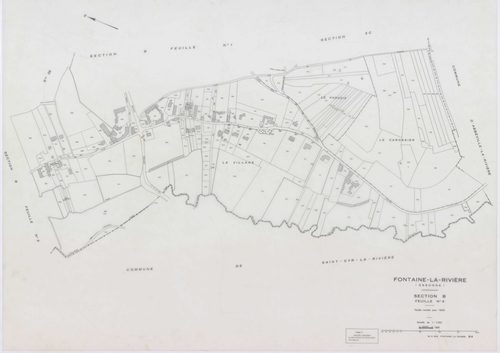 FONTAINE-LA-RIVIERE, plans minutes de conservation : tableau d'assemblage, 1933, Ech. 1/10000 ; plans des sections B1, B3, B4, 1933, Ech. 1/1250, sections ZA, ZB, ZC, ZD, 1955, Ech. 1/2000, section ZE, 1986, Ech. 1/2000. Polyester. N et B. Dim. 105 x 80 c