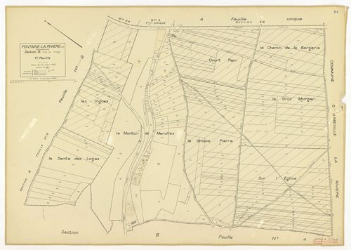 Plans minutes de conservation : FONTAINE-LA-RIVIERE : tableau d'assemblage n°1, ech. 1/10000 (1933), section A, ech. 1/2500, sections B1, B2, B3, B4, ech. 1/1250 (1933) ; tableau d'assemblage n°2, ech. 1/10000 (1933-1955) ; sections B1, B3, B4, ech. 1/125
