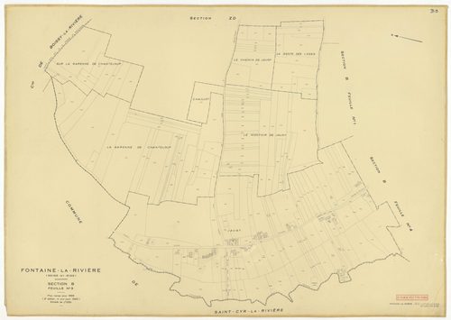 Plans minutes de conservation : FONTAINE-LA-RIVIERE : tableau d'assemblage n°1, ech. 1/10000 (1933), section A, ech. 1/2500, sections B1, B2, B3, B4, ech. 1/1250 (1933) ; tableau d'assemblage n°2, ech. 1/10000 (1933-1955) ; sections B1, B3, B4, ech. 1/125