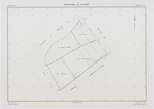 FONTAINE-LA-RIVIERE, plans minutes de conservation : tableau d'assemblage, 1933, Ech. 1/10000 ; plans des sections B1, B3, B4, 1933, Ech. 1/1250, sections ZA, ZB, ZC, ZD, 1955, Ech. 1/2000, section ZE, 1986, Ech. 1/2000. Polyester. N et B. Dim. 105 x 80 c