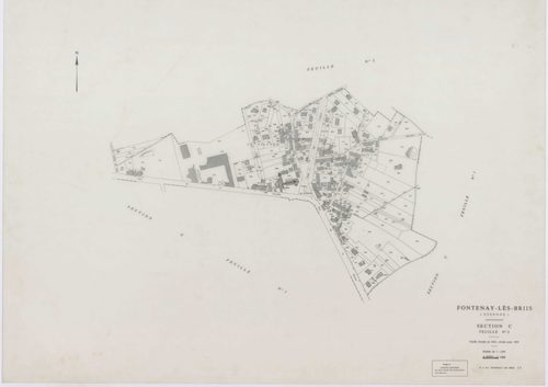 FONTENAY-LES-BRIIS, plans minutes de conservation : tableau d'assemblage,1935, Ech. 1/10000 ; plans des sections A, B, C1, E1, 1935, Ech. 1/2500, sections C2, C3, D1, D2, E2, F1, F2, G1, 1935, Ech. 1/1250, sections F3, G2, 1939, Ech. 1/1250. Polyester. N 