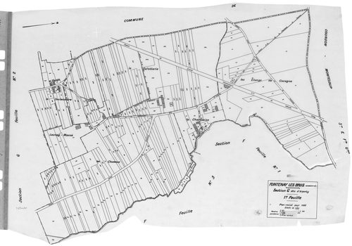 FONTENAY-LES-BRIIS. - Cadastre révisé pour 1935 : plan du tableau d'assemblage, plans de la section A la Forêt, section B la Picoterie, section C le Village 1ère feuille, idem 2ème feuille, section D le Bel Air 1ère feuille, idem 2ème feuille, section E l