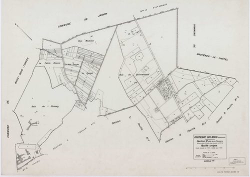 FONTENAY-LES-BRIIS, plans minutes de conservation : tableau d'assemblage,1935, Ech. 1/10000 ; plans des sections A, B, C1, E1, 1935, Ech. 1/2500, sections C2, C3, D1, D2, E2, F1, F2, G1, 1935, Ech. 1/1250, sections F3, G2, 1939, Ech. 1/1250. Polyester. N 