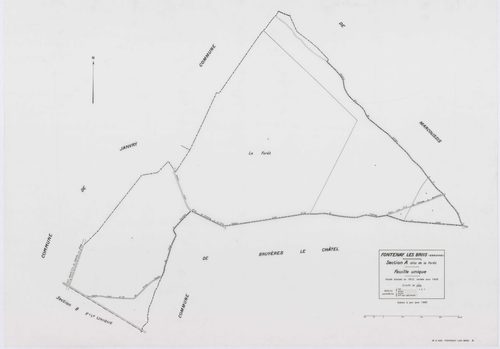 FONTENAY-LES-BRIIS, plans minutes de conservation : tableau d'assemblage,1935, Ech. 1/10000 ; plans des sections A, B, C1, E1, 1935, Ech. 1/2500, sections C2, C3, D1, D2, E2, F1, F2, G1, 1935, Ech. 1/1250, sections F3, G2, 1939, Ech. 1/1250. Polyester. N 
