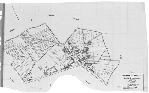 FONTENAY-LES-BRIIS. - Cadastre révisé pour 1935 : plan du tableau d'assemblage, plans de la section A la Forêt, section B la Picoterie, section C le Village 1ère feuille, idem 2ème feuille, section D le Bel Air 1ère feuille, idem 2ème feuille, section E l