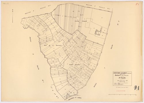 FONTENAY-LES-BRIIS. - Plan révisé pour 1935, à jour pour 1974 (2ème édition) : plan du tableau d'assemblage, des sections A dite de la Forêt, B dite de la Picoterie, C dite du village (feuilles 1-2), D dite du Bel-Air (feuilles 1-2), E dite du Château de 