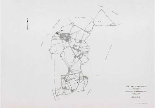 FONTENAY-LES-BRIIS, plans minutes de conservation : tableau d'assemblage,1935, Ech. 1/10000 ; plans des sections A, B, C1, E1, 1935, Ech. 1/2500, sections C2, C3, D1, D2, E2, F1, F2, G1, 1935, Ech. 1/1250, sections F3, G2, 1939, Ech. 1/1250. Polyester. N 