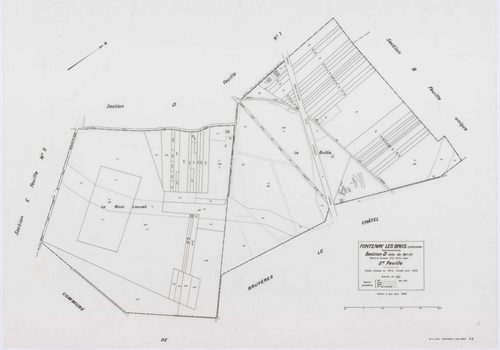 FONTENAY-LES-BRIIS, plans minutes de conservation : tableau d'assemblage,1935, Ech. 1/10000 ; plans des sections A, B, C1, E1, 1935, Ech. 1/2500, sections C2, C3, D1, D2, E2, F1, F2, G1, 1935, Ech. 1/1250, sections F3, G2, 1939, Ech. 1/1250. Polyester. N 