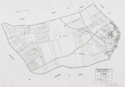 FONTENAY-LES-BRIIS, plans minutes de conservation : tableau d'assemblage,1935, Ech. 1/10000 ; plans des sections A, B, C1, E1, 1935, Ech. 1/2500, sections C2, C3, D1, D2, E2, F1, F2, G1, 1935, Ech. 1/1250, sections F3, G2, 1939, Ech. 1/1250. Polyester. N 