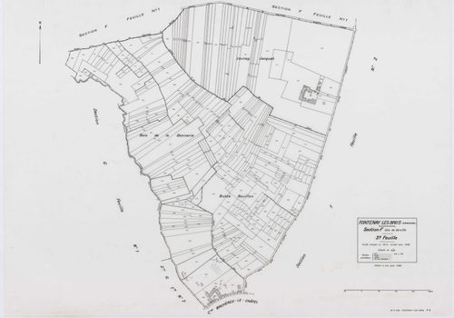 FONTENAY-LES-BRIIS, plans minutes de conservation : tableau d'assemblage,1935, Ech. 1/10000 ; plans des sections A, B, C1, E1, 1935, Ech. 1/2500, sections C2, C3, D1, D2, E2, F1, F2, G1, 1935, Ech. 1/1250, sections F3, G2, 1939, Ech. 1/1250. Polyester. N 