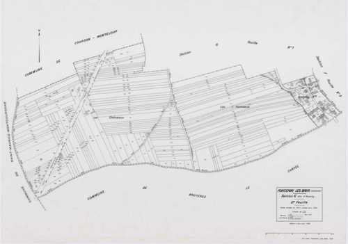 FONTENAY-LES-BRIIS, plans minutes de conservation : tableau d'assemblage,1935, Ech. 1/10000 ; plans des sections A, B, C1, E1, 1935, Ech. 1/2500, sections C2, C3, D1, D2, E2, F1, F2, G1, 1935, Ech. 1/1250, sections F3, G2, 1939, Ech. 1/1250. Polyester. N 