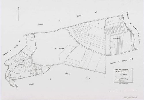 FONTENAY-LES-BRIIS, plans minutes de conservation : tableau d'assemblage,1935, Ech. 1/10000 ; plans des sections A, B, C1, E1, 1935, Ech. 1/2500, sections C2, C3, D1, D2, E2, F1, F2, G1, 1935, Ech. 1/1250, sections F3, G2, 1939, Ech. 1/1250. Polyester. N 