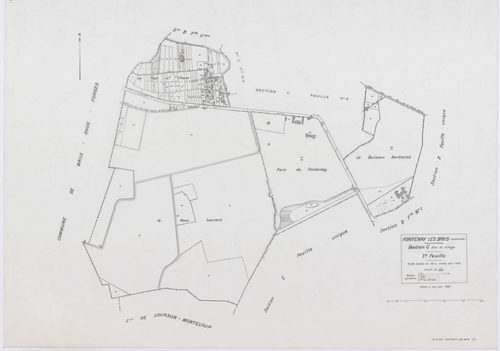 FONTENAY-LES-BRIIS, plans minutes de conservation : tableau d'assemblage,1935, Ech. 1/10000 ; plans des sections A, B, C1, E1, 1935, Ech. 1/2500, sections C2, C3, D1, D2, E2, F1, F2, G1, 1935, Ech. 1/1250, sections F3, G2, 1939, Ech. 1/1250. Polyester. N 