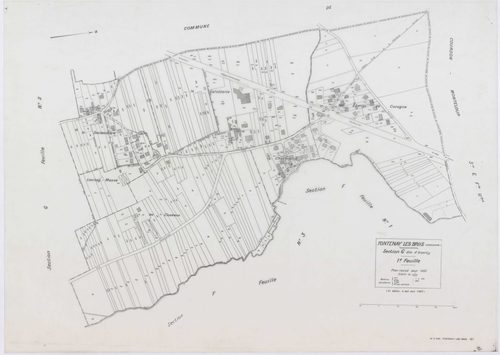 FONTENAY-LES-BRIIS, plans minutes de conservation : tableau d'assemblage,1935, Ech. 1/10000 ; plans des sections A, B, C1, E1, 1935, Ech. 1/2500, sections C2, C3, D1, D2, E2, F1, F2, G1, 1935, Ech. 1/1250, sections F3, G2, 1939, Ech. 1/1250. Polyester. N 