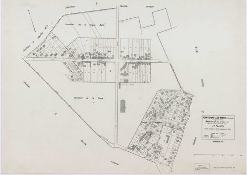 FONTENAY-LES-BRIIS, plans minutes de conservation : tableau d'assemblage,1935, Ech. 1/10000 ; plans des sections A, B, C1, E1, 1935, Ech. 1/2500, sections C2, C3, D1, D2, E2, F1, F2, G1, 1935, Ech. 1/1250, sections F3, G2, 1939, Ech. 1/1250. Polyester. N 