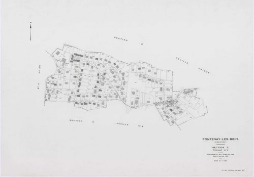 FONTENAY-LES-BRIIS, plans minutes de conservation : tableau d'assemblage,1935, Ech. 1/10000 ; plans des sections A, B, C1, E1, 1935, Ech. 1/2500, sections C2, C3, D1, D2, E2, F1, F2, G1, 1935, Ech. 1/1250, sections F3, G2, 1939, Ech. 1/1250. Polyester. N 