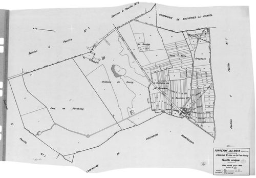 FONTENAY-LES-BRIIS. - Cadastre révisé pour 1935 : plan du tableau d'assemblage, plans de la section A la Forêt, section B la Picoterie, section C le Village 1ère feuille, idem 2ème feuille, section D le Bel Air 1ère feuille, idem 2ème feuille, section E l