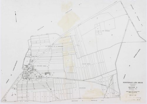 FONTENAY-LES-BRIIS, plans minutes de conservation : tableau d'assemblage,1935, Ech. 1/10000 ; plans des sections A, B, C1, E1, 1935, Ech. 1/2500, sections C2, C3, D1, D2, E2, F1, F2, G1, 1935, Ech. 1/1250, sections F3, G2, 1939, Ech. 1/1250. Polyester. N 