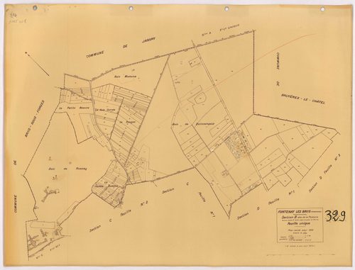 FONTENAY-LES-BRIIS. - Plan révisé pour 1935, à jour pour 1974 (2ème édition) : plan du tableau d'assemblage, des sections A dite de la Forêt, B dite de la Picoterie, C dite du village (feuilles 1-2), D dite du Bel-Air (feuilles 1-2), E dite du Château de 