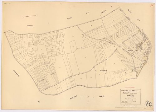 FONTENAY-LES-BRIIS. - Plan révisé pour 1935, à jour pour 1974 (2ème édition) : plan du tableau d'assemblage, des sections A dite de la Forêt, B dite de la Picoterie, C dite du village (feuilles 1-2), D dite du Bel-Air (feuilles 1-2), E dite du Château de 