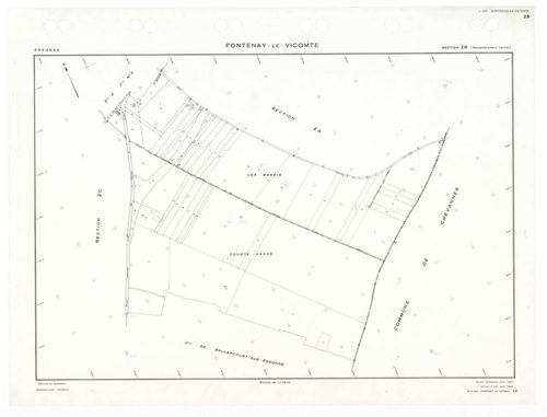 FONTENAY-LE-VICOMTE, plans minutes de conservation : tableau d'assemblage,1934, Ech. 1/10000 ; plans des sections A1, A2, 1934, Ech. 1/2500, section A4, 1934, Ech. 1/1250, sections ZA, ZB, ZC, 1961, Ech. 1/2500. Polyester. N et B. Dim. 105 x 80 cm [7 plan